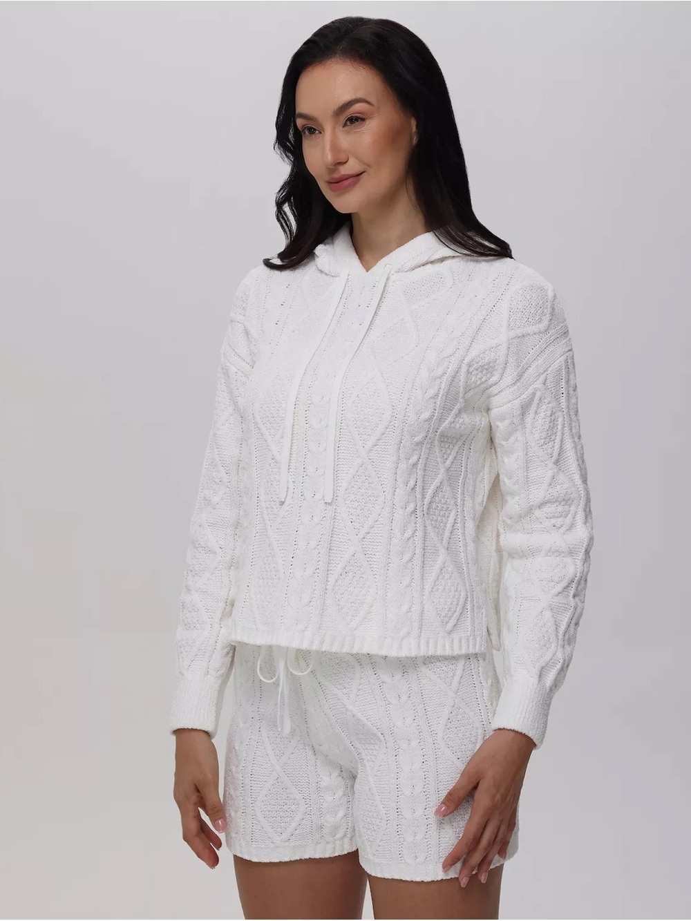 White Cable Knit Hoodie Sweater & Shorts Pajama Set